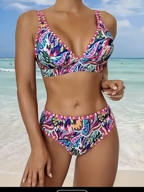 SHEIN Pink Multicolor Printed Bikini Set